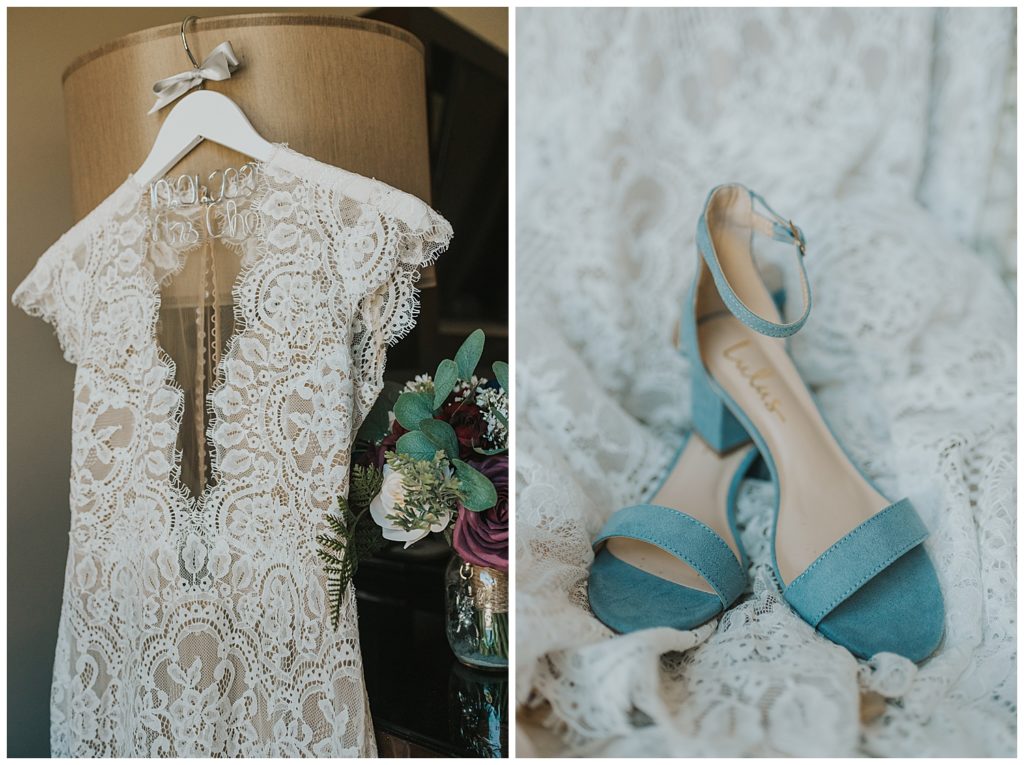 bridal details - lace wedding dress - blue wedding heels