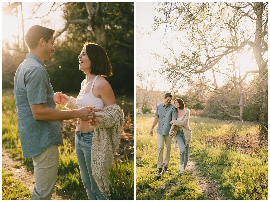 couple cuddling during golden hour engagement photo at park engagement session location 