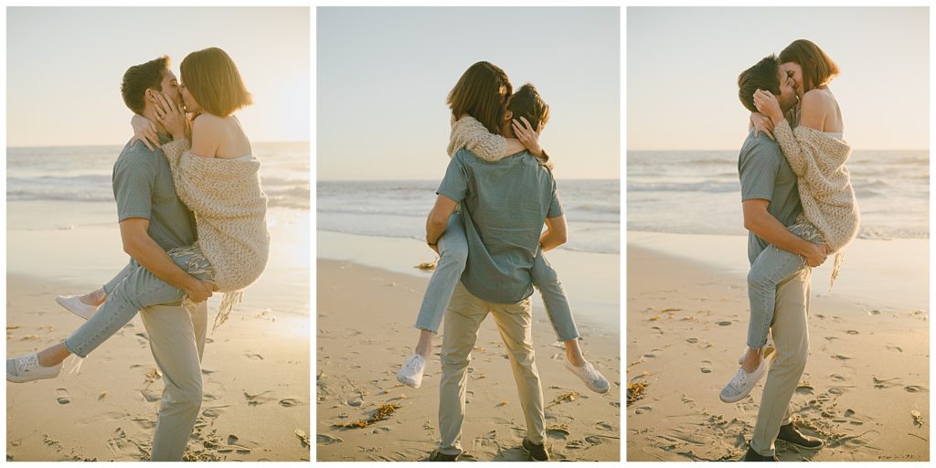 man holding woman in beach seaside engagement session location 