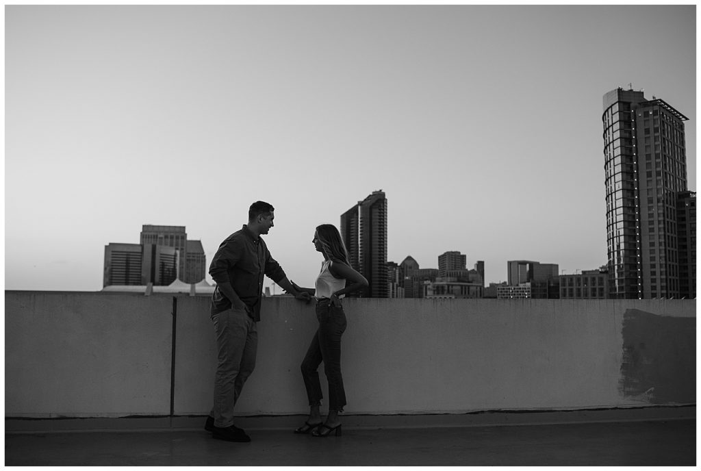 rooftop engagment pictures - rooftop couples photos - downtown san diego engagement session - san diego engagement photographer - black and white engagement photos
