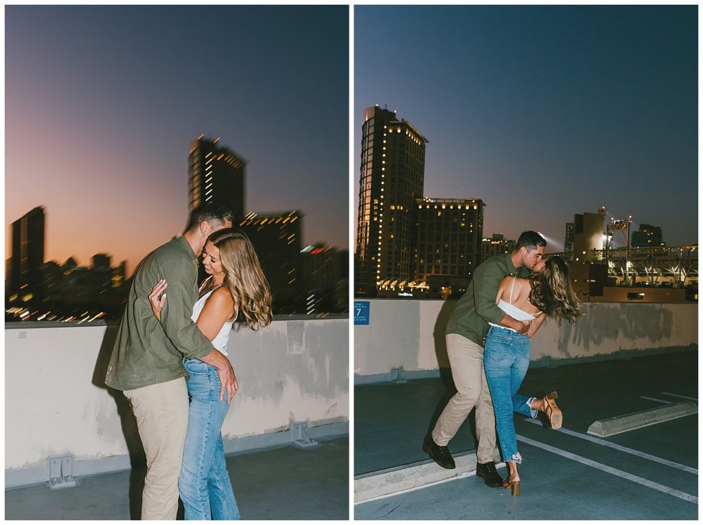 rooftop engagment pictures - rooftop couples photos - downtown san diego engagement session - san diego engagement photographer - nighttime engagement photoshoot